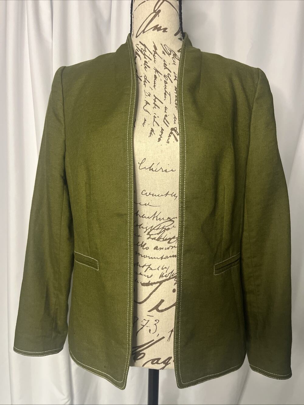 J Crew Blazer Linen Blend Lined Open Collarless Jacket Blazer Olive Green Size 6